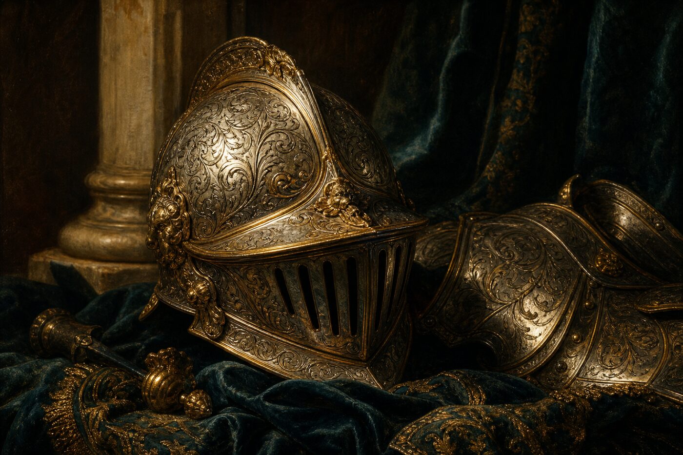 Classical engraved helmet, used as a metaphor for credential protection