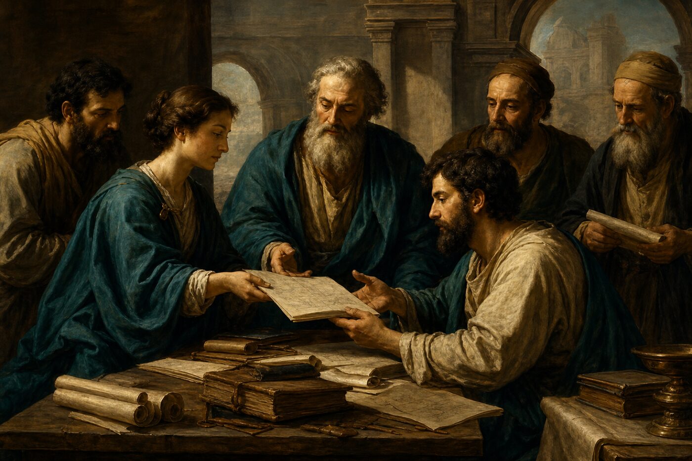 Classical group of careful builders, handing work forward safely
