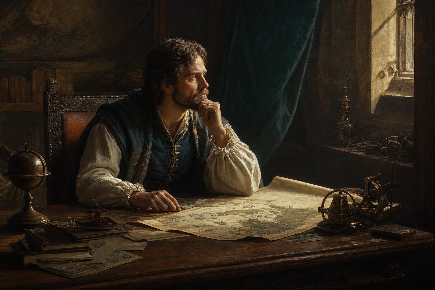 Classical figure at a table, preparing deliberately for launch